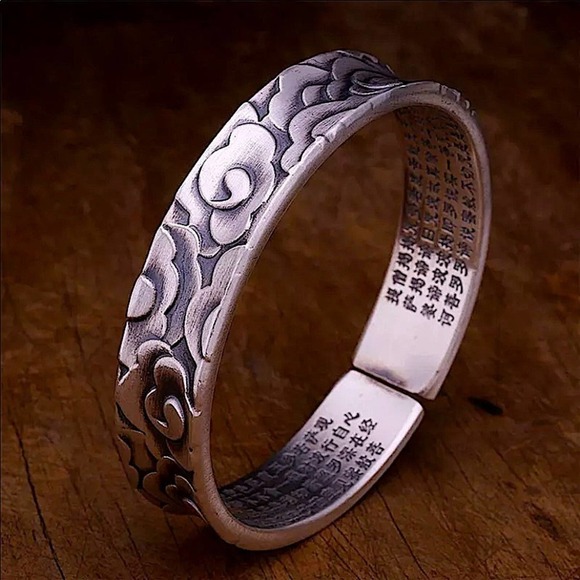 Sterling Silver Flower Bangle Bracelet, Engraved Elegant Floral Design - Picture 1 of 5